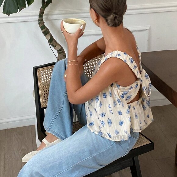 Blue And White Casual Women's Woven Jacquard Ruffle Hem Camisole - Picture 2 of 6